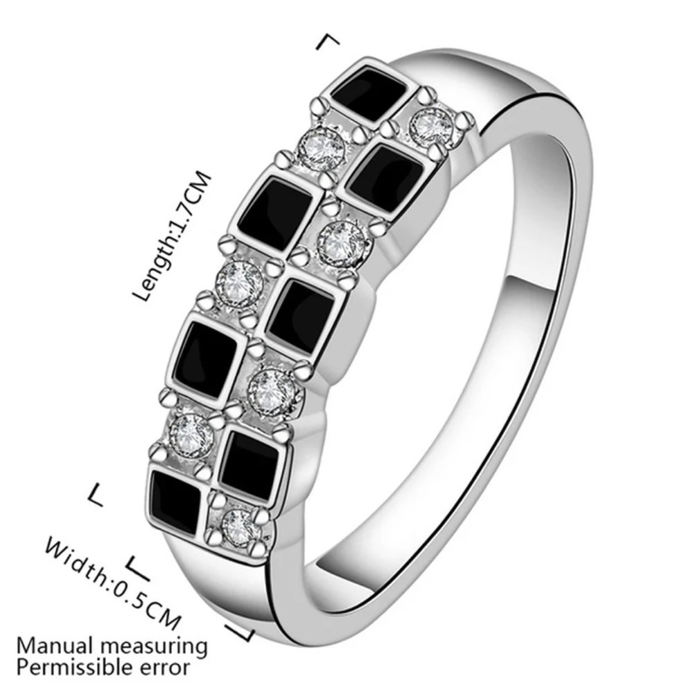3 For $35 Sterling Silver Plated Black Enamel & White Diamond Checkered Ring - Picture 4 of 4